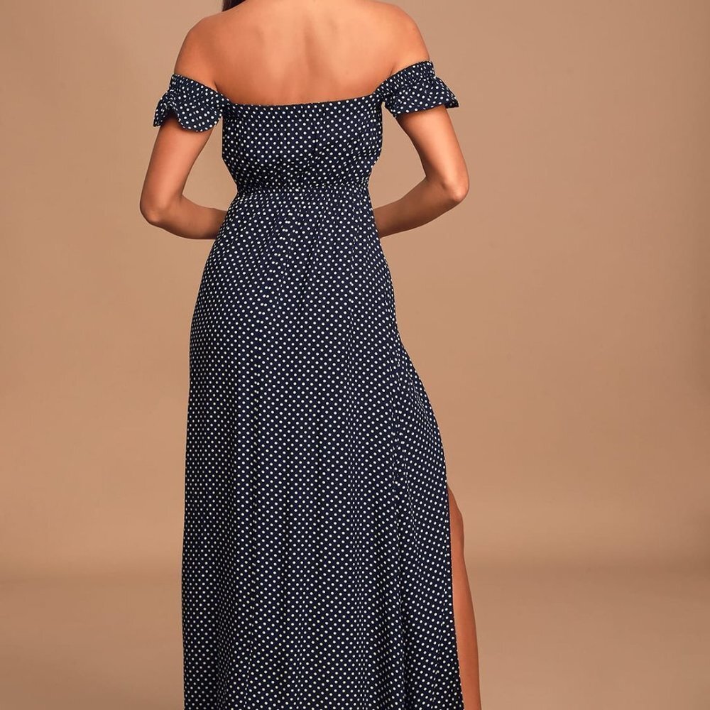 Lulu's Navy Polka Dot Off-Shoulder Maxi Dress - Picture 4 of 11